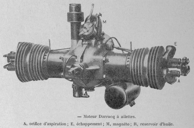 Vue d'un moteur Darracq bicylindre (photo : Gallica - Les Moteurs d'Aviation 1918 - Capitaine Martinot-Lagarde)