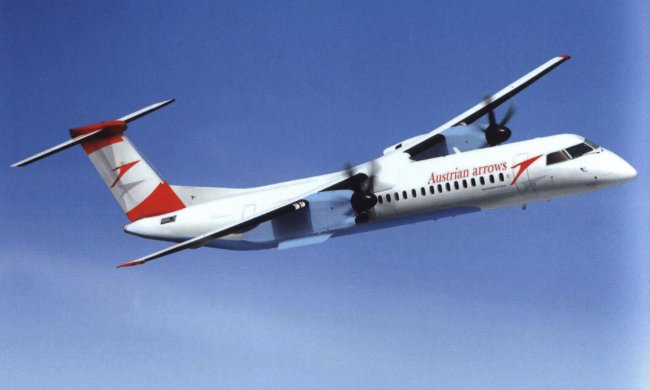 Vue d'un Dash 8 de la compagnie Tyrolean Airways (origine : Über Den Wolken, Postes Autrichiennes)