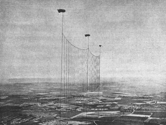 Vue d'un barrage antiaérien destiné à la défense de Londres (photo : Jane's fighting aircraft of World War I John W.R. Taylor)