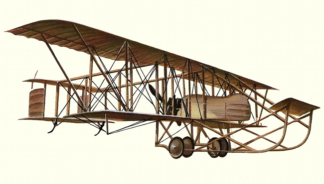 Vue d'un biplan Farman MF.7 (origine : Encyclopédie des Avions Militaires du Monde - Enzo Angelucci)