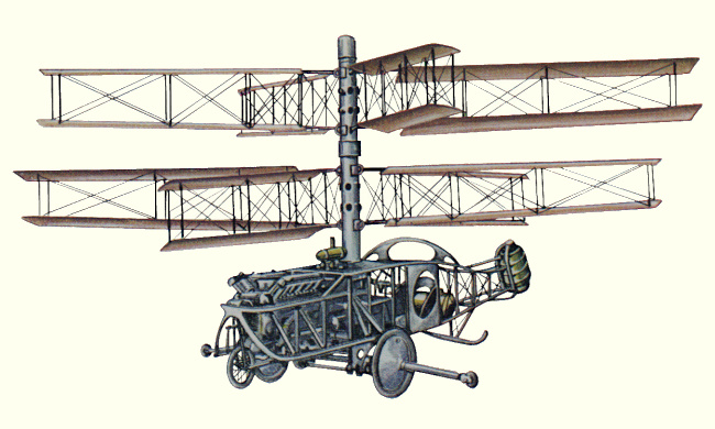 Vue d'un hélicoptère Pescara No. 3 (origine : Helicopters and other Rotorcraft since 1907 - Kenneth Munson)